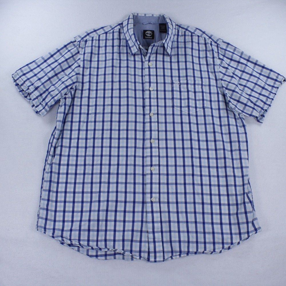 Timberland Mens XL Short Sleeve Button Down Gingham Plaid Check Shirt Blue White